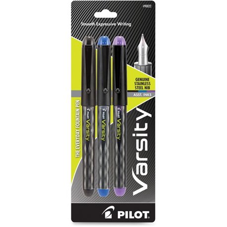 Pilot Varsity Disposable Fountain Pens - Medium Pen Point - Black, Blue, Purple - Black Barrel - 3 / Pack