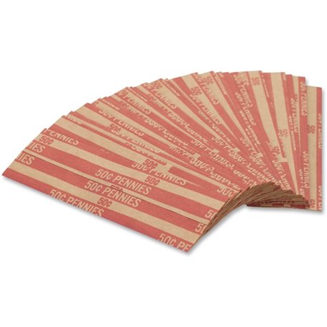 PAP-R Flat Coin Wrappers - Total $0.50 in 50 Coins of 1� Denomination - Heavy Duty - Paper - Red - 1000 / Box