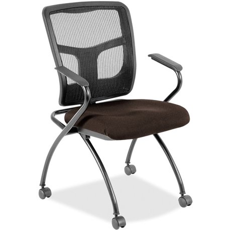 Lorell Mesh Back Nesting Training/Guest Chairs - Forte Fudge Fabric Seat - Powder Coated Metal Frame - Four-legged Base - Black 
