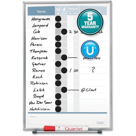 Quartet Matrix 15-employee In/Out Board - 16" Height x 11" Width - White Natural Cork Surface - Magnetic, Durable - Silver Frame