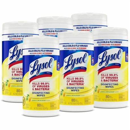 Lysol Disinfecting Wipes - Ready-To-Use - Lemon, Lime Blossom Scent - 7" Length x 7.25" Width - 80 / Canister - 6 / Carton - Ble