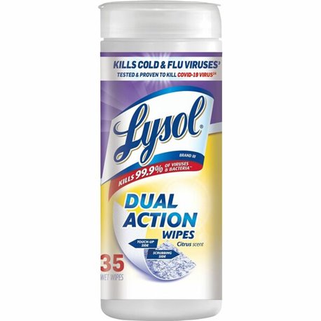 Lysol Dual Action Wipes - For Multi Surface - Citrus Scent - 35 / Canister - 1 Each - White/Purple