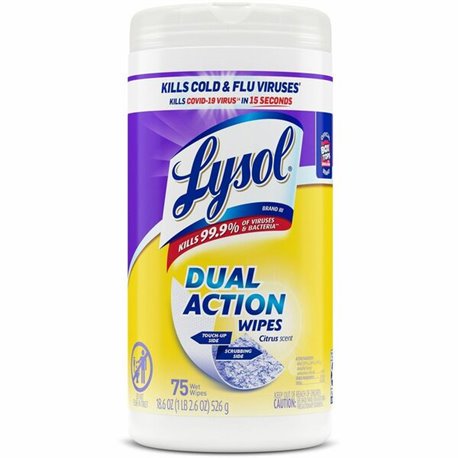 Lysol Dual Action Wipes - For Multipurpose - Citrus Scent - 7" Length x 7.25" Width - 75 / Canister - 1 Each - Pre-moistened, An