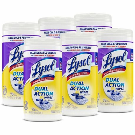 Lysol Dual Action Wipes - For Multipurpose - Citrus Scent - 7" Length x 7.25" Width - 75 / Canister - 6 / Carton - Pre-moistened