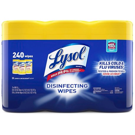 Lysol Lemon/Lime Disinfecting Wipes - For Multi Surface, Multipurpose - Lemon, Lime Blossom Scent - 80 / Canister - 3 / Pack - P