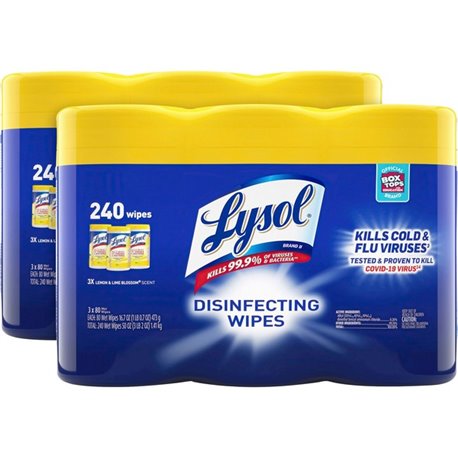 Lysol Lemon/Lime Disinfecting Wipes - For Multi Surface, Multipurpose - Lemon, Lime Blossom Scent - 80 / Canister - 6 / Carton -