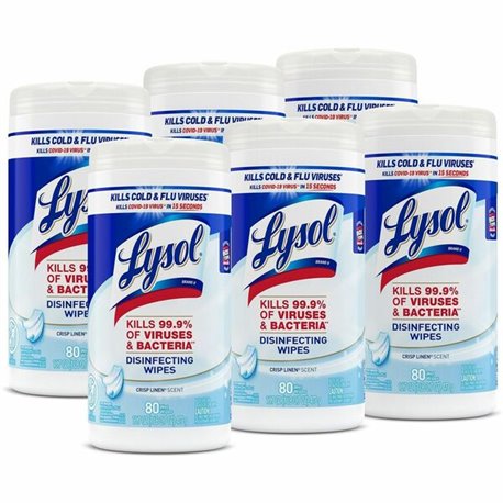 Lysol Disinfecting Wipes - Crisp Linen Scent - 7" Length x 7.25" Width - 80 / Canister - 6 / Carton - Disinfectant, Pre-moistene