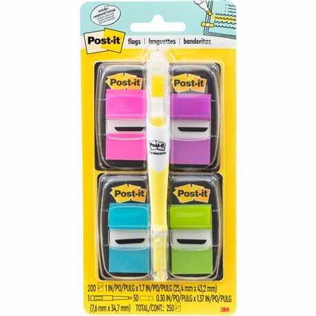 Post-it Flags Value Pack - 200 - 1" x 1 3/4" - Rectangle, Arrow - Unruled - Aqua, Yellow, Green, Purple, Pink, Blue - Self-adhes