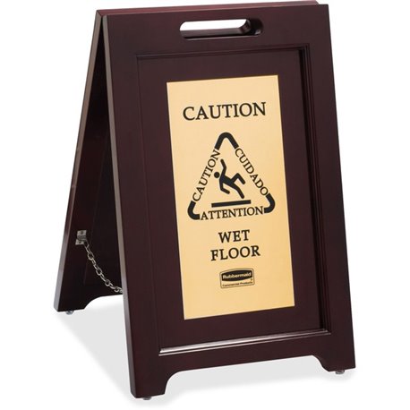 Rubbermaid Commercial Brass Plaque Wooden Caution Sign - 1 Each - Caution, Attention, Cuidado, Wet Floor Print/Message - 15" Wid