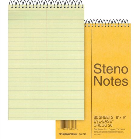 Rediform Steno Notebook - 80 Sheets - Wire Bound - Gregg Ruled Margin - 16 lb Basis Weight - 6" x 9" - Green Paper - BrownBoard 