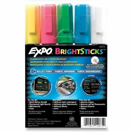 Expo Bright Sticks Marker Set - Bullet Marker Point Style - Pink, Blue, White, Yellow, Green Water Based Ink - Assorted Barrel -