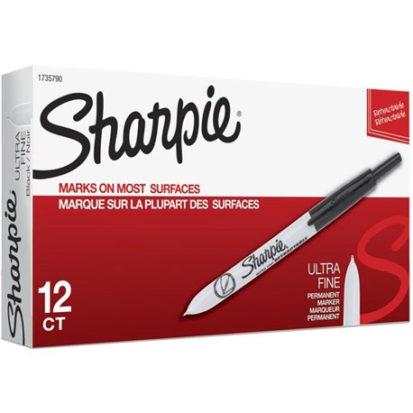 Sharpie Retractable Ultra Fine Point Permanent Marker - Ultra Fine Marker Point - Retractable - Black - 12 / Box