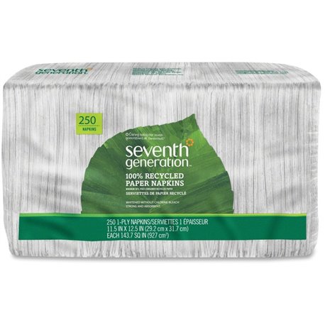 Seventh Generation 100% Recycled Paper Napkins - 1 Ply - 11.50" x 12.50" - White - Paper - 250 / Pack