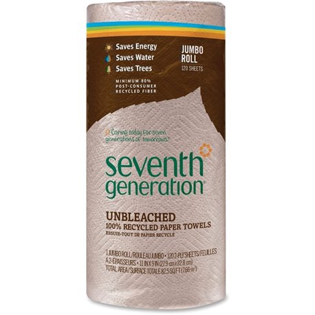 Seventh Generation 100% Recycled Paper Towels - 2 Ply - 11" x 9" - 120 Sheets/Roll - Brown - Paper - 1 Roll