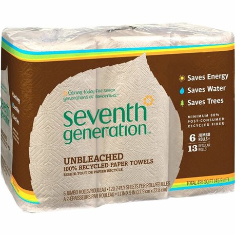 Seventh Generation 100% Recycled Paper Towels - 2 Ply - 11" x 9" - 120 Sheets/Roll - Natural - Paper - 6 / Pack