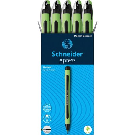 Schneider Xpress Fineliner Pen - Medium Pen Point - 0.8 mm Pen Point Size - Black - Black Rubberized, Green Barrel - Stainless S