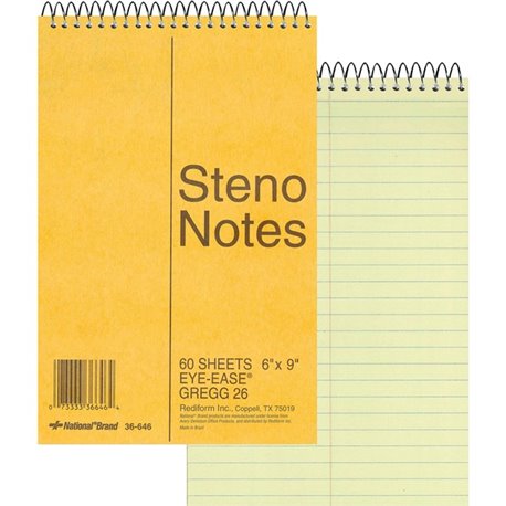 Rediform Wirebound Steno Notebook - 60 Sheets - Wire Bound - Light Blue Margin - 16 lb Basis Weight - 6" x 9" - Green Paper - Br