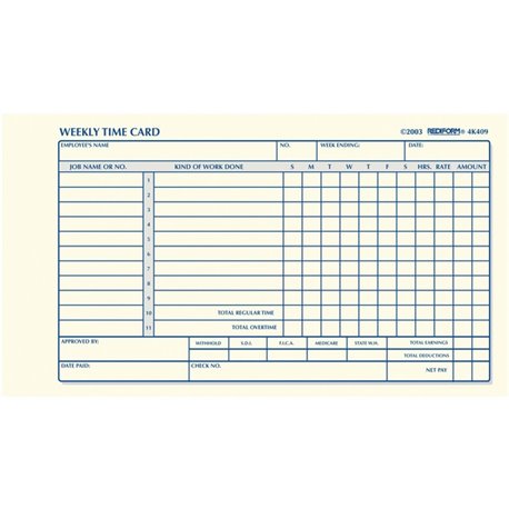 Rediform Weekly Time Cards - 100 Sheet(s) - 1 Part - 7" x 4.25" Sheet Size - White - Manila Sheet(s) - 1 / Pad