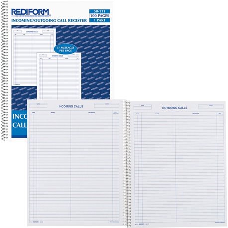 Rediform Incoming/Outgoing Call Register Book - 100 Sheet(s) - Wire Bound - 8.50" x 11" Sheet Size - White - White Sheet(s) - Bl