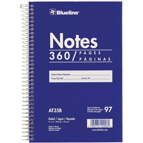 Blueline White Paper Wirebound Steno Pad - 360 Sheets - Spiral - Front Ruling Surface - 9" x 6" - White Paper - BlueCardboard Co