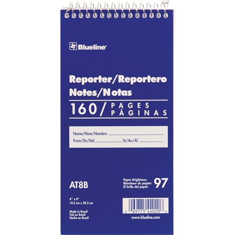 Blueline Reporter Notebook - 160 Sheets - Spiral - 4" x 8" - White Cover - 1 Each