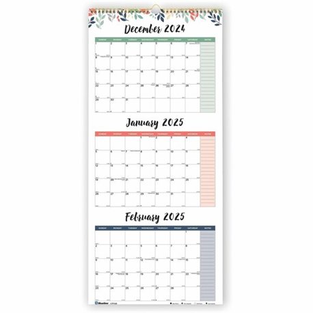 Blueline 3-Month Colorful Wall Calendar - Professional - Julian Dates - Monthly - 14 Month - December 2024 - January 2026 - 3 Mo