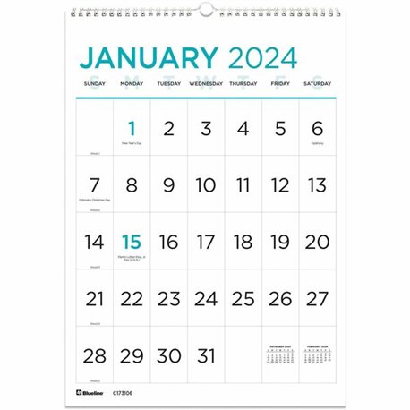 Blueline Large Print Monthly Wall Calendar - Monthly - 12 Month - January 2025 - December 2025 - 1 Month Single Page Layout - Tw