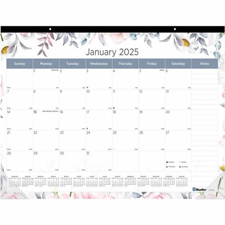 Blueline Passion Floral Desk Pad Calendar - Julian Dates - Monthly - 12 Month - January 2025 - December 2025 - 1 Month Single Pa