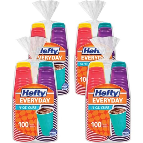 Hefty Everyday 16 oz Disposable Party Cups - 100 / Pack - 4 / Carton - Yellow, Purple, Red, Teal, Assorted Bright - Plastic - Co