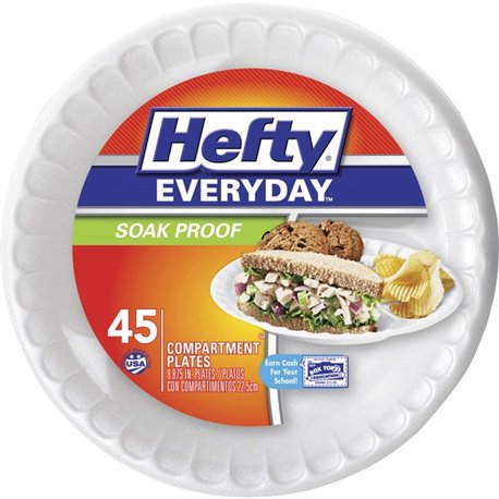 Hefty Everyday 8-7/8" 3-Compartment Foam Plates - Disposable - 8.9" Diameter - White - 45 / Pack