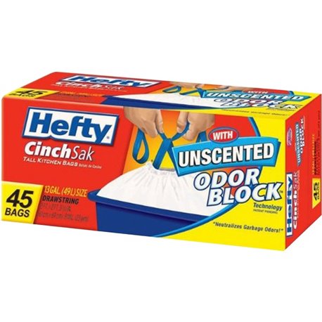 Hefty CinchSak 13-gallon Drawstring Bags - 13 gal Capacity - Drawstring Closure - White - 6/Carton - 45 Per Pack - Garbage, Kitc