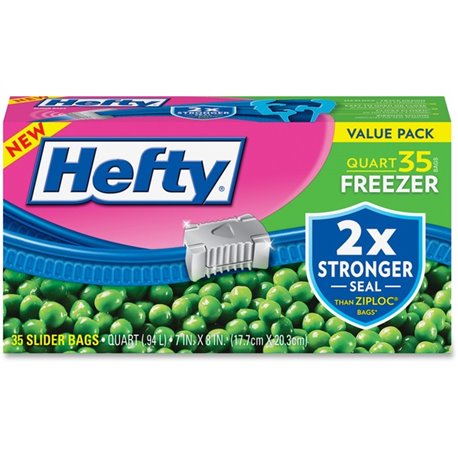 Hefty Quart Freezer Slider Bags - 1 quart Capacity - 7" Width x 8" Length - Zipper Closure - Clear - Plastic - 9/Carton - 35 Per