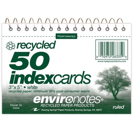 Roaring Spring Environotes Ruled Lined Perforated Spiralbound Recycled Index Cards - 50 Sheets - 100 Pages - Printed - Spiral Bo