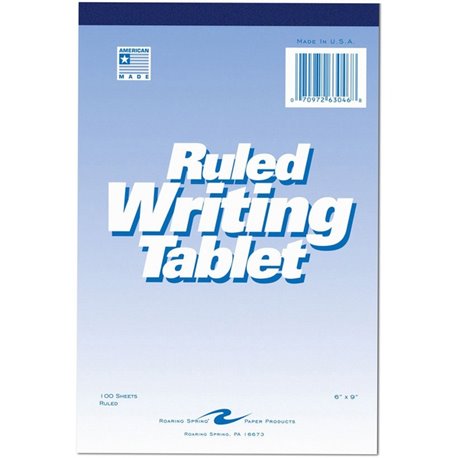 Roaring Spring Ruled Writing Tablets - 100 Sheets - Glued/Tapebound - 15 lb Basis Weight - 6" x 9" - White Paper - WhiteChipboar