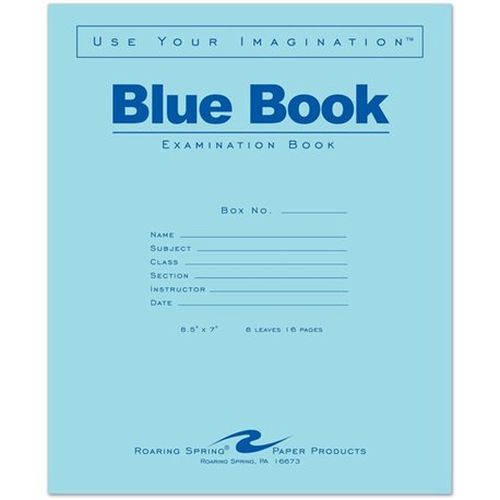 Roaring Spring Blue Book 8-sheet Exam Booklet - 8 Sheets - Stapled - Ruled Margin - 15 lb Basis Weight - 7" x 8 1/2" - White Pap