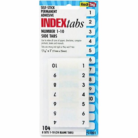 Redi-Tag Permanent Numbered Tab Indexes - 104 Printed Tab(s) - Digit - 1-10 - 1" Tab Height x 0.43" Tab Width - Self-adhesive, P