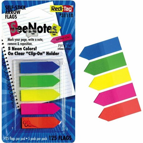 Redi-Tag Plain Write-on Arrow Flags in Holder - 25 x Neon Blue, 25 x Lime, 25 x Lemon, 25 x Pink, 25 x Tangerine - 29/64" x 1 3/