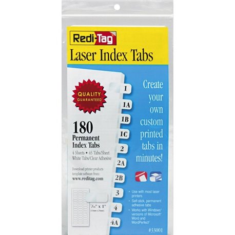 Redi-Tag Laser Printable Index Tabs - 180 Blank Tab(s) - 1" Tab Height x 0.43" Tab Width - Self-adhesive, Permanent - White Tab(