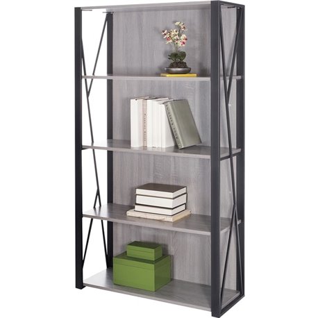 Safco Mood Collection Small Office Bookcase - 31.8" x 12"59" - 4 Shelve(s) - Material: Steel - Finish: Gray, Laminate, Black - W