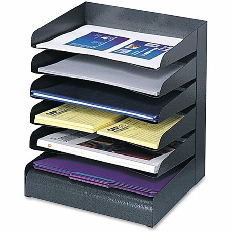 Safco Slanted Shelves Steel Desk Tray Sorter - 6 Tier(s)Desktop - Durable - Powder Coated - Black - Steel - 1 Each