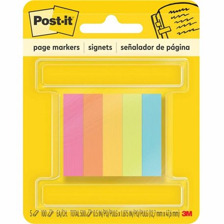 Post-it Page Markers - 1/2"W - 100 - 1/2" x 2" - Rectangle - Unruled - Bright Assorted - Paper - Removable, Self-adhesive - 500 