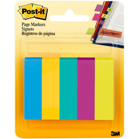 Post-it Page Markers - 100 - 1/2" x 2" - Rectangle - Unruled - Electric Blue, Yellow, Aqua Wave, Light Mulberry, Neon Green - Pa