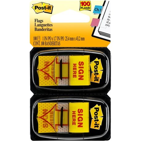 Post-it Message Flags - 100 x Yellow - 1" x 1 3/4" - Arrow, Rectangle - Unruled - "SIGN HERE" - Yellow - Removable, Self-adhesiv