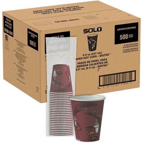 Solo 8 oz Bistro Design Hot Cups - 25.0 / Pack - 20 / Carton - Maroon - Poly Paper - Hot Drink, Coffee, Tea, Cocoa