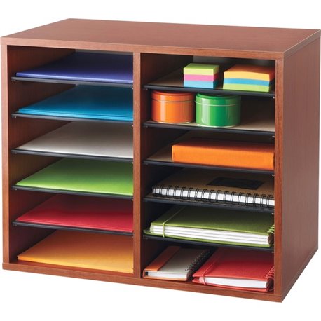 Safco Adjustable 12-Slot Wood Literature Organizer - 12 Compartment(s)Desktop - Adjustable - Laminate - Cherry - Hardboard, Fibe