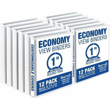 Samsill Economy 1 Inch 3 Ring Binder, Made in the USA, Round Ring Binder, Non-Stick Customizable Cover, White, 12 Pack (I008537C