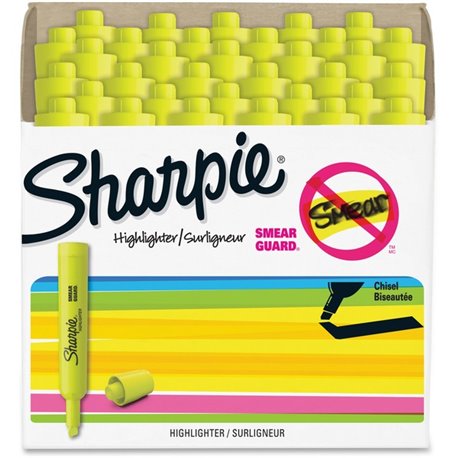 Sharpie SmearGuard Tank Style Highlighters - Narrow, Wide Marker Point - Chisel Marker Point Style - Fluorescent Yellow - 36 / P