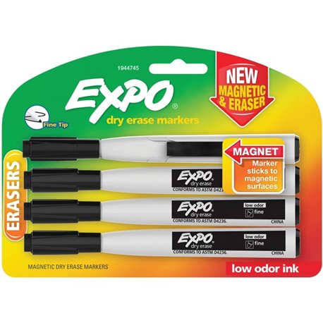 Expo Eraser Cap Fine Magnetic Dry Erase Markers - Medium, Fine, Broad Marker Point - Black - 4 / Pack