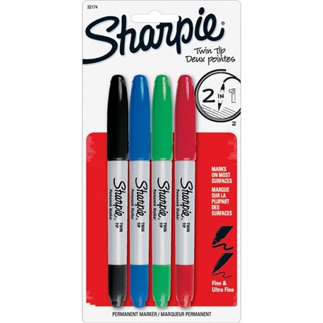 Sharpie Twin Tip Permant Maker - Ultra Fine, Fine Marker Point - 1 mm, 0.3 mm Marker Point Size - Black, Red, Blue, Green Alcoho