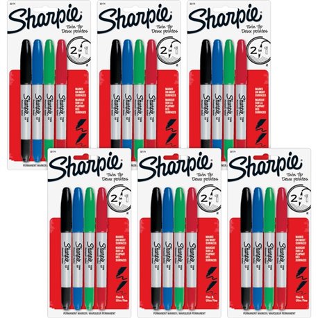 Sharpie Twin Tip Permanent Markers - Ultra Fine, Fine Marker Point - 0.3 mm, 1 mm Marker Point Size - Red, Green, Blue, Black Al